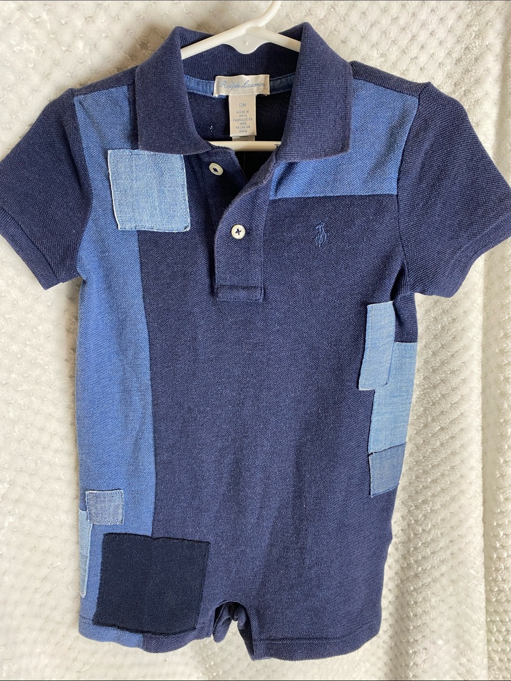 Ralph Lauren Navy and Light Blue Denim Patch Polo Romper